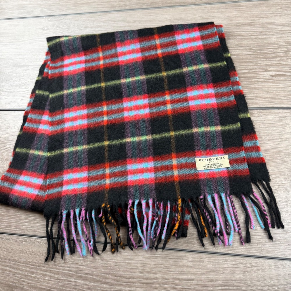 Burberry Unisex Scarf 100% Cashmere Plaid Black Red Blue OS